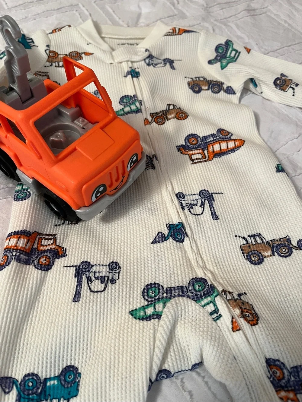 Carter’s Kids White Waffle One-Piece with Colorful Trucks